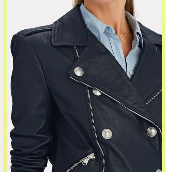 L'AGENCE Billie Belted Leather Jacket  /Coat Midnight Navy XS - Picture 6 of 14